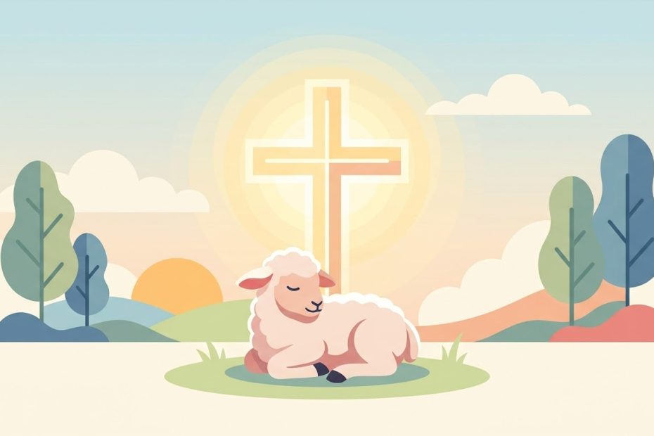 Méditation sur le Sacrifice - un agneau stylisé couché paisiblement au pied d'une croix lumineuse